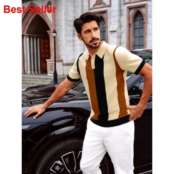 Vintage Striped Knit Polo Shirt Short Sleeve Casual Golf Summer